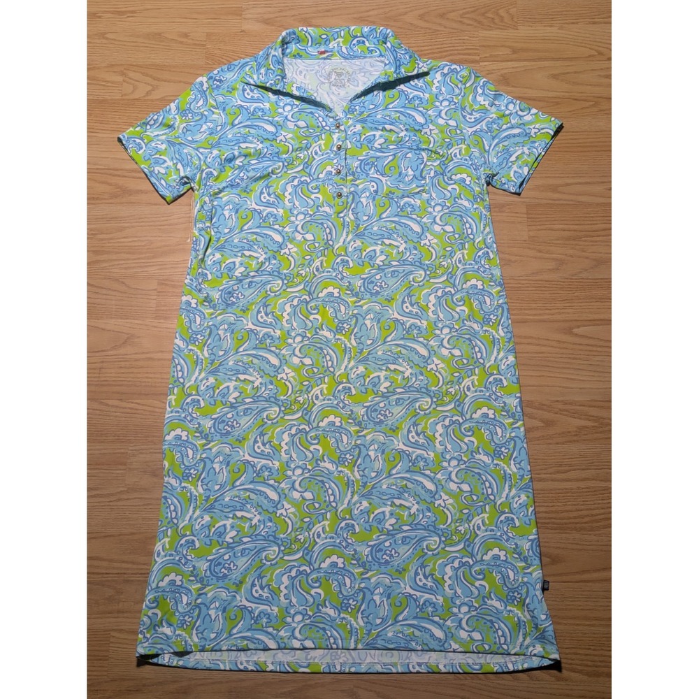 Banana Boat Womens UPF 50+ Paisley Short Sleeve Polo Dress Blue Green Medium